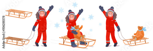 Little boy in red winter overalls pulling empty sled, with plush bear, sledding downhill. Vector illustration of winter children's fun in snowy winter.