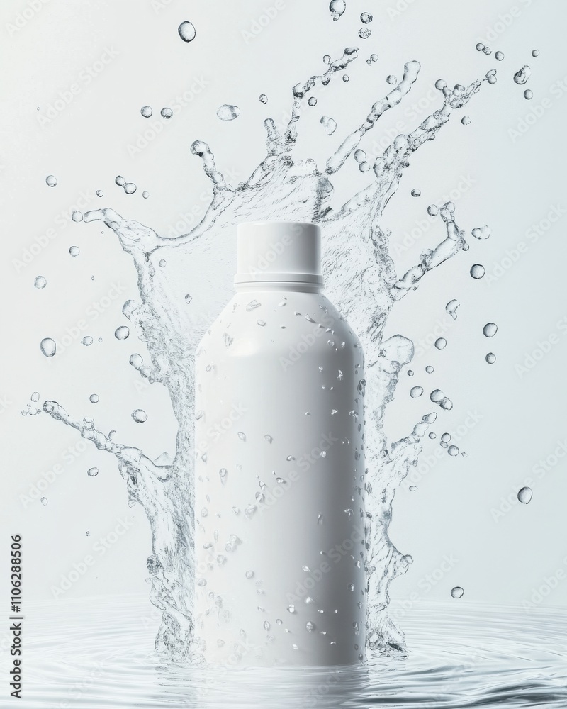 A sleek white bottle emerging from splashing water, creating a dynamic and refreshing visual impact. A sleek white bottle emerging from splashing water, creating a dynamic and refreshing visual impact.