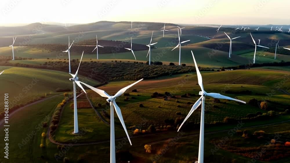 A mid-altitude aerial travelling shot of a field of wind turbines slowly rotating. The white turbines stand out against a rolling green landscape. Green energies, environment, wind, clean energy.
