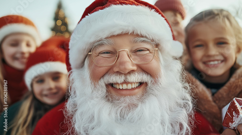 Santa Claus smiling warmly while surrounded by cheerful children in festive attire, capturing the joy of Christmas and the magic of giving. photo