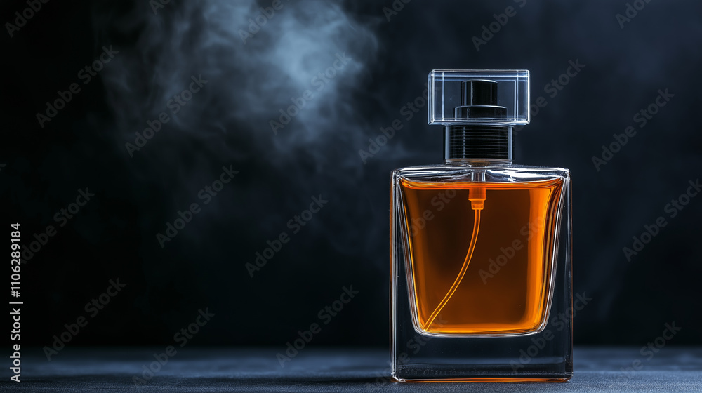 A sleek glass perfume bottle with amber liquid and a minimalist design, set against a dark background with soft, mysterious smoke swirling around. A sleek glass perfume bottle with amber liquid and a minimalist design, set against a dark background with soft, mysterious smoke swirling around.