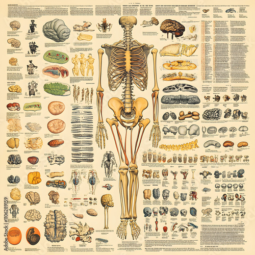 Vintage Human Anatomy Chart  Skeletal System  Organs  Embryology photo