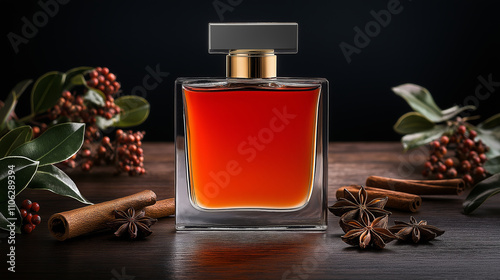 A luxurious perfume bottle with a golden cap, surrounded by aromatic spices and greenery, evoking warmth, sophistication, and exotic allure. photo