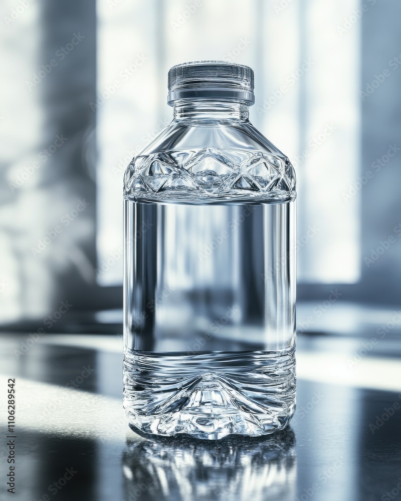 A clear plastic water bottle filled with pristine water, glistening under soft natural light. A clear plastic water bottle filled with pristine water, glistening under soft natural light.