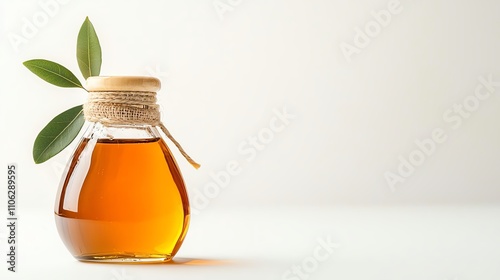 A beautifully styled glass bottle filled with golden oil, featuring a green leaf beside it. Perfect for culinary themes, health topics, or product promotions in the food industry. photo