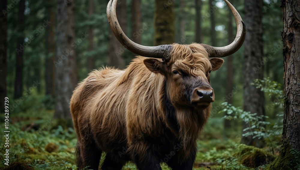 Large-horned animal with long hair in a forest. Large-horned animal with long hair in a forest.