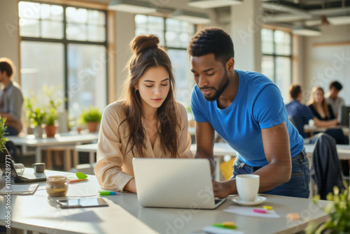 A business photo in a modern office space: A man and a woman looking at a laptop together.