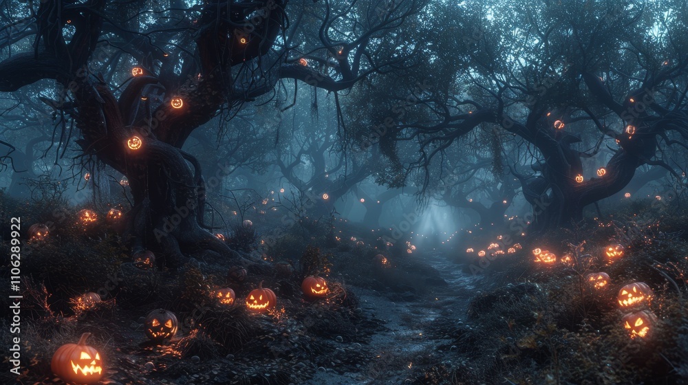 A Misty Forest with Gnarled Trees and Glowing Jack-O’-Lanterns on Path A Misty Forest with Gnarled Trees and Glowing Jack-O’-Lanterns on Path
