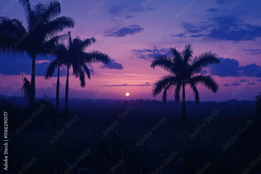 Fototapeta premium Purple Sunset Over Silhouetted Palm Trees