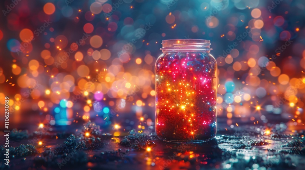 Colorful lights inside a glass jar, surrounded by bokeh. Colorful lights inside a glass jar, surrounded by bokeh.