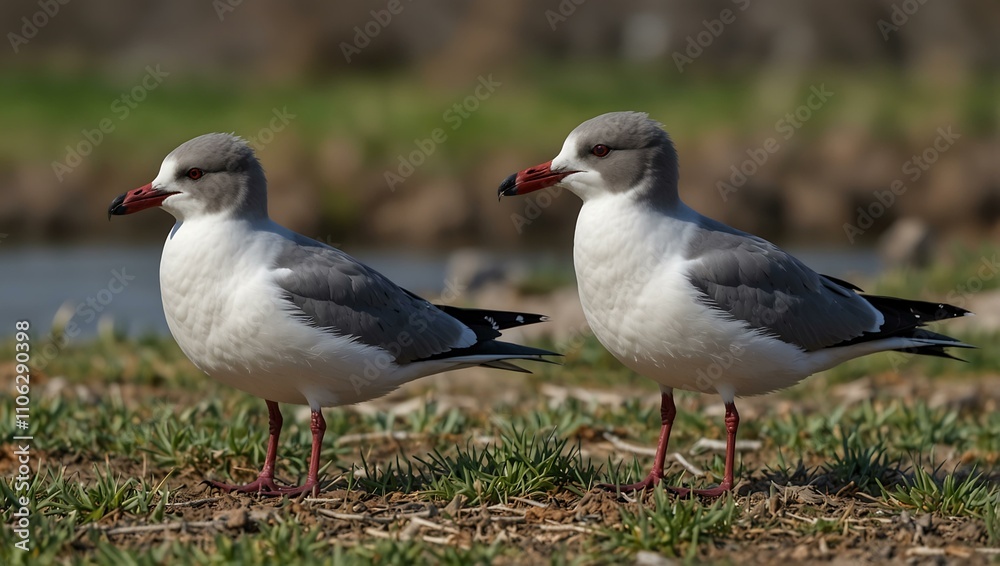 Laughing Gull birds in a park during early spring. Laughing Gull birds in a park during early spring.