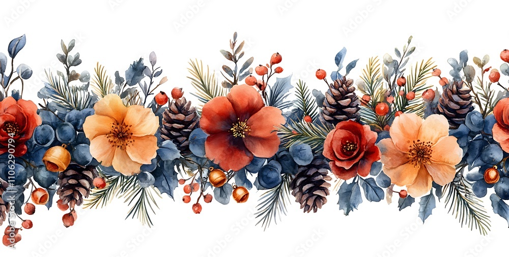 Fototapeta premium A Row of Flowers and Pine Cones.