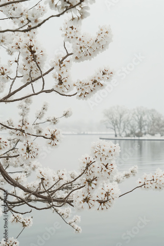 Cherry blossoms frame a tranquil view of the Tidal Basin in Washington, D.C. during springtime