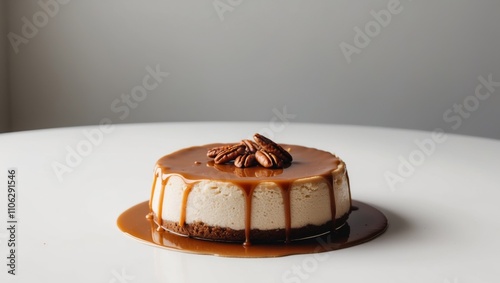 Caramel pecan cheesecake with drip caramel topping. photo