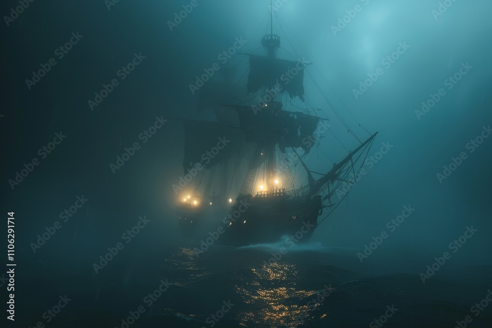 Ghost ship drifting through fog with eerie figures on deck and glowing light Ghost ship drifting through fog with eerie figures on deck and glowing light