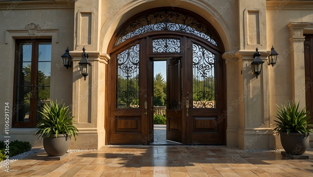 Fototapeta premium Lavish estate with a large wooden door entry.