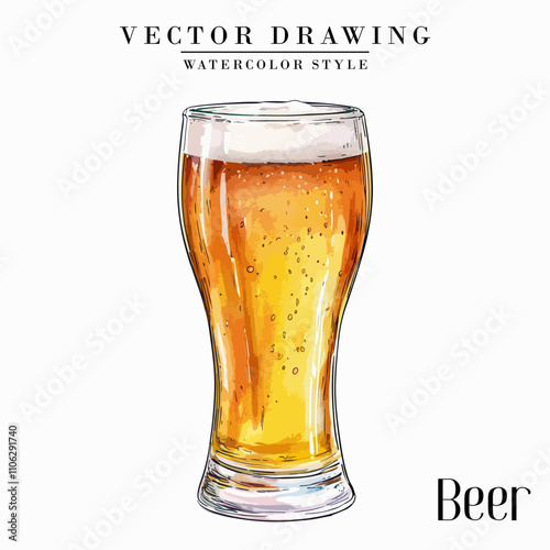 Beer in Pilsner Beer Glass Vintage Watercolor style Stock vector
