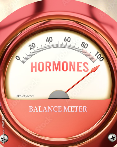 Hormones and Balance Meter that is hitting a full scale, showing a very high level of hormones, overload of it, too much of it. Maximum value, off the charts.  ,3d illustration