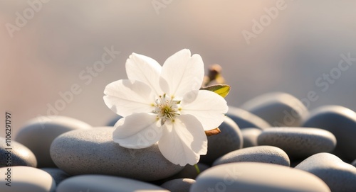 White Flower Blossom on Smooth Stones with Sunlight.
