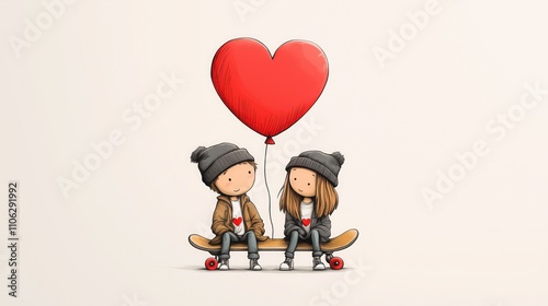 Young lovers with a heart balloon