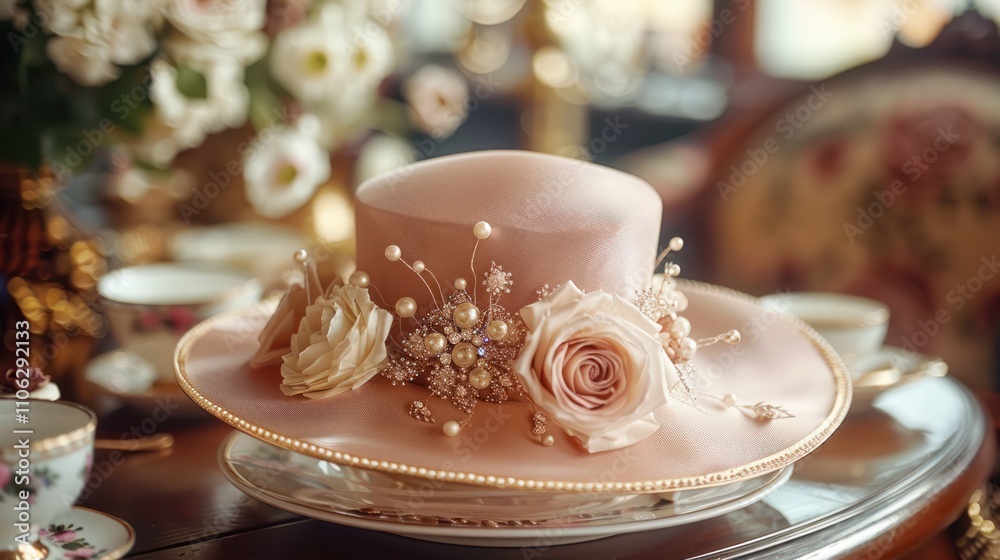 Elegant blush pink hat with roses and pearls on a table. Elegant blush pink hat with roses and pearls on a table.