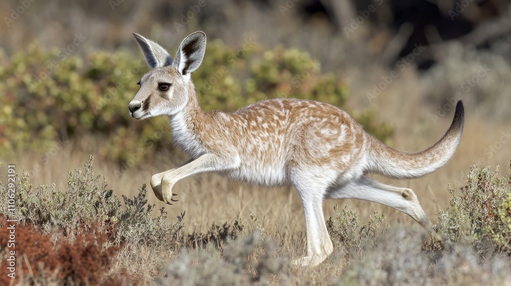 Red kangaroo joey hopping in Australian outback. Red kangaroo joey hopping in Australian outback.