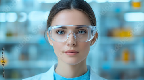 A confident young scientist wearing safety goggles in a modern laboratory, representing innovation, research, and the pursuit of scientific excellence. photo