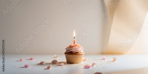 Charming Cupcake with Candle and Flower Petals. photo