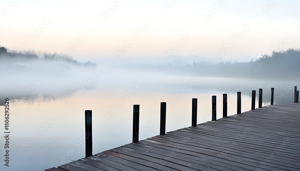 Naklejka premium Tranquil lakeside wooden boardwalk in misty morning light.