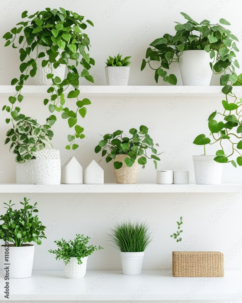A vibrant arrangement of various indoor plants in modern white pots on minimalist shelves against a bright wall. A vibrant arrangement of various indoor plants in modern white pots on minimalist shelves against a bright wall.
