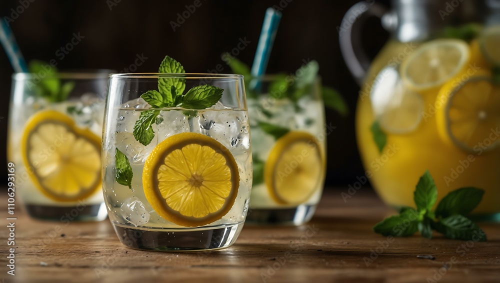 Lemonade with ice, mint, and lemon slices on a table. Lemonade with ice, mint, and lemon slices on a table.