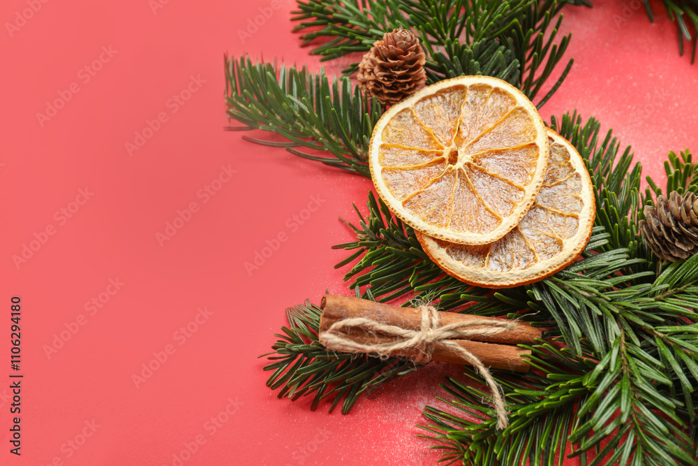 Different spices, dried orange slices and fir tree branches on red background, closeup with space for text. Christmas season