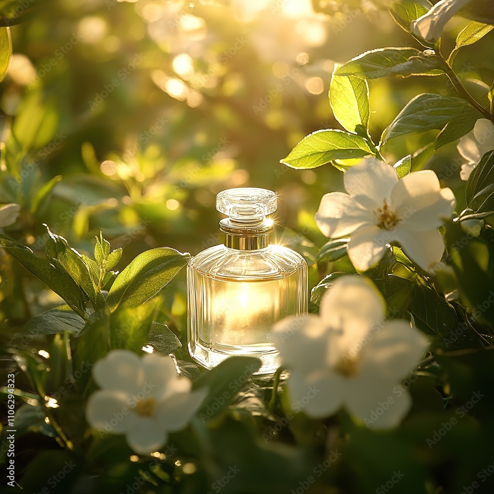 Fragrant perfume bottle surrounded by blooming flowers nature setting close-up view serenity and beauty Fragrant perfume bottle surrounded by blooming flowers nature setting close-up view serenity and beauty