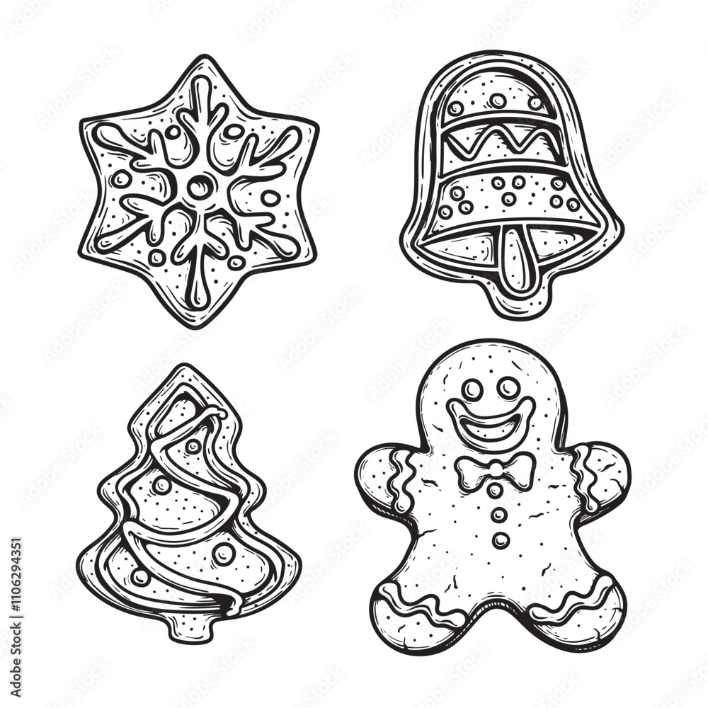 Hand drawn sketch style gingerbread set. Snowflake or star, bell, Xmas tree and gingerbread man. Vintage retro Christmas baked goods. Vector illustrations isolated on white. Hand drawn sketch style gingerbread set. Snowflake or star, bell, Xmas tree and gingerbread man. Vintage retro Christmas baked goods. Vector illustrations isolated on white.