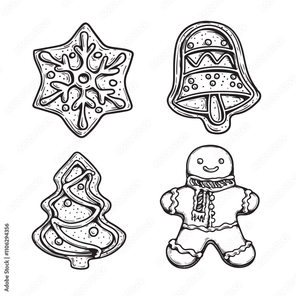 Hand drawn sketch style gingerbread set. Snowflake or star, bell, Xmas tree and gingerbread man. Vintage retro Christmas baked goods. Vector illustrations isolated on white. Hand drawn sketch style gingerbread set. Snowflake or star, bell, Xmas tree and gingerbread man. Vintage retro Christmas baked goods. Vector illustrations isolated on white.