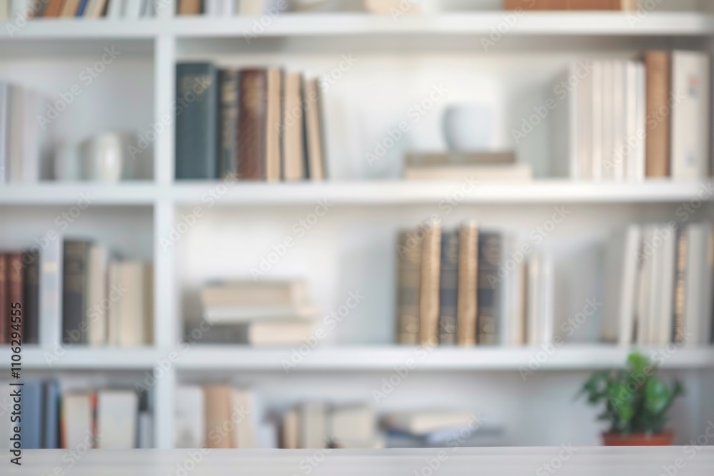 Blurred modern white bookshelves with books in library. Education concept.