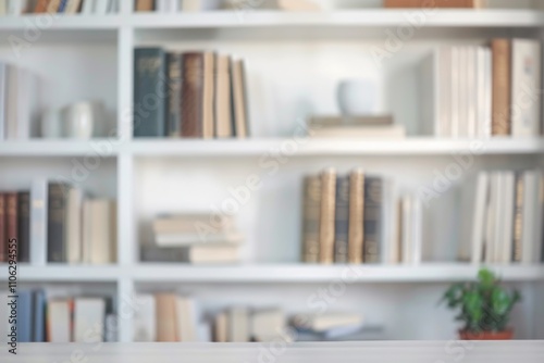 Obraz na płótnie Blurred modern white bookshelves with books in library. Education concept. w salonie