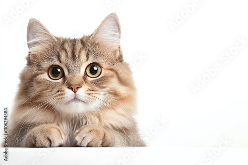 A charming fluffy cat with large, expressive eyes peering curiously from a stark white background, capturing the essence of feline playfulness and curiosity.