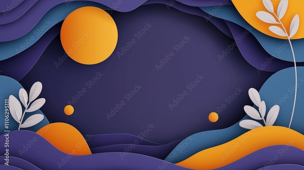 Naklejka premium Colorful abstract paper cut design with vibrant waves and foliage on dark background creative contemporary art with orange and blue layered shapes