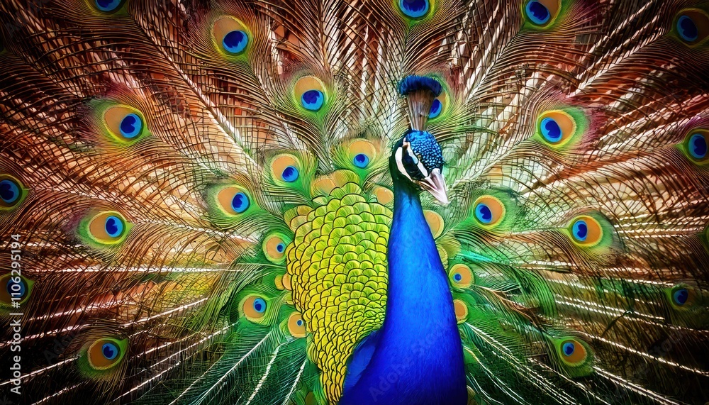Obraz premium Close-up of the fascinating head of a proud and magnificent peacock showing off its feathers