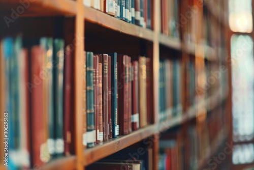 blurred bookshelf in library room for your background design