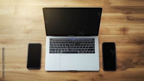 Laptop and Two Smartphones on Wooden Desk