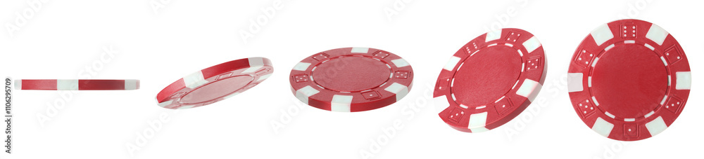 Red casino chip isolated on white, collage Red casino chip isolated on white, collage