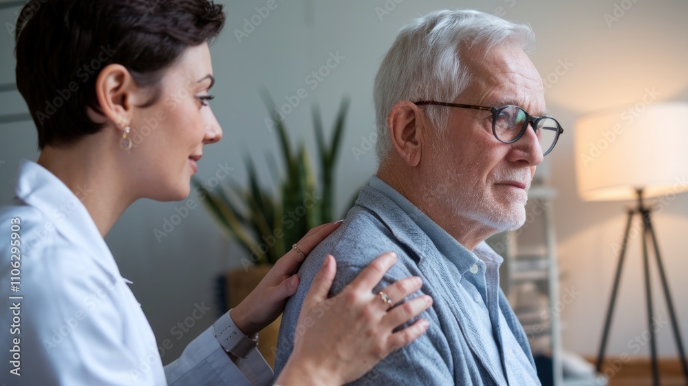 An empathetic scene in a well-lit medical office, with a female doctor in a white coat gently placing her hand on a patient's shoulder, offering comfort and reassurance. Generative AI An empathetic scene in a well-lit medical office, with a female doctor in a white coat gently placing her hand on a patient's shoulder, offering comfort and reassurance. Generative AI