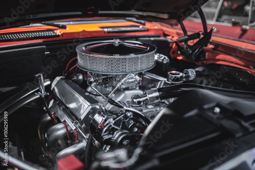 Fotografie Restored v8 engine of a classic car under the bonnet.