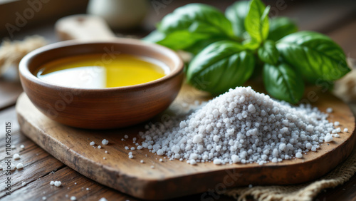 Celtic salt in a bowl with oil and herbs on wooden surface.