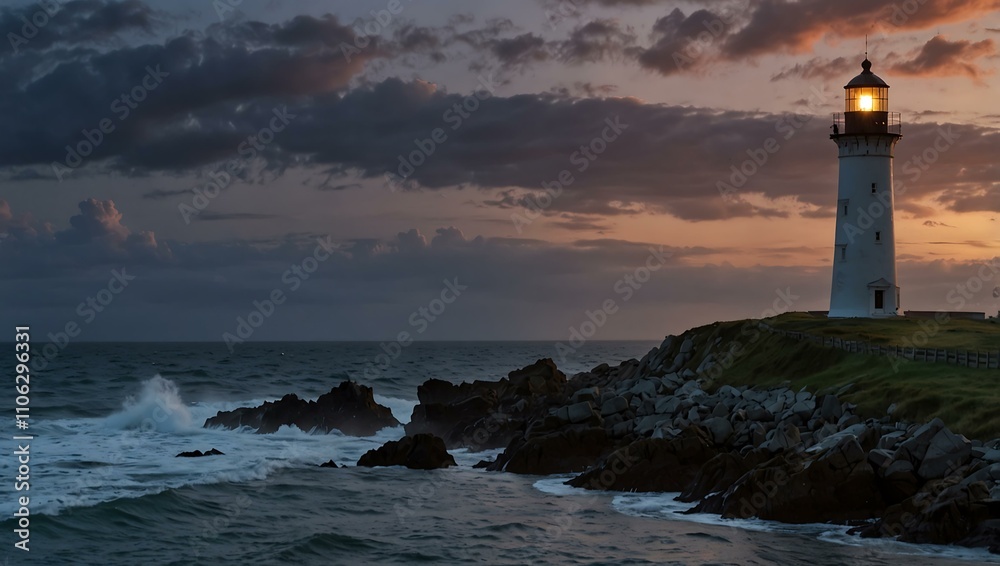 Lighthouse on a dramatic shore at dusk. Lighthouse on a dramatic shore at dusk.