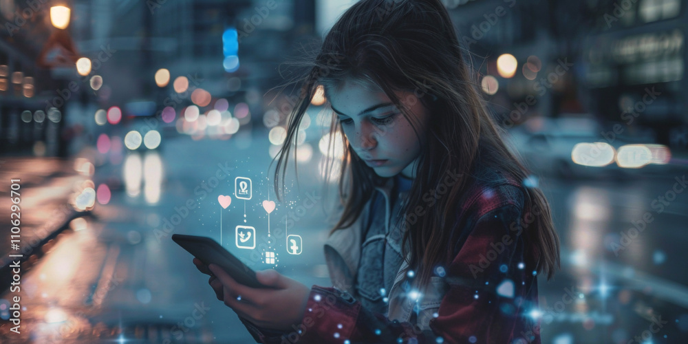 Fototapeta premium girl uses social media via smartphone application icons Generative AI