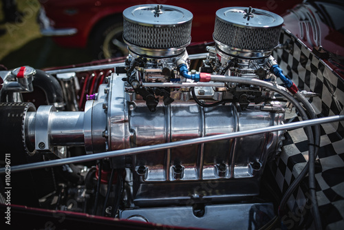 Classic vintage car with supercharged engine on the show.