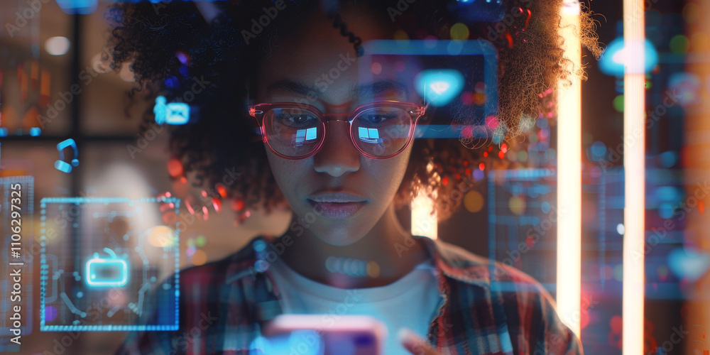 Fototapeta premium girl uses social media via smartphone application icons Generative AI